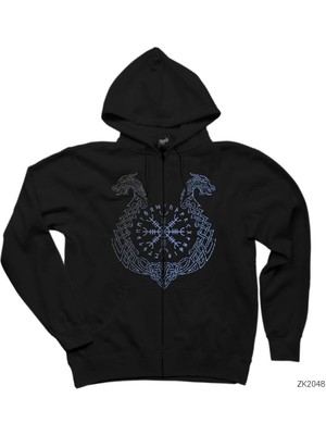 Vikings Aegishjalmur Helm Of Terror Siyah Fermuarlı Kapşonlu Sweatshirt