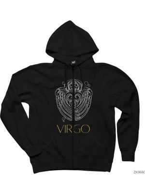 Başak Burç Retro Siyah Fermuarlı Kapşonlu Sweatshirt