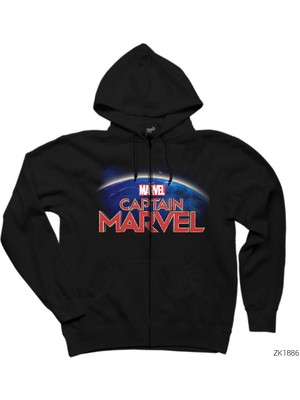 Captain Marvel On World Siyah Fermuarlı Kapşonlu Sweatshirt