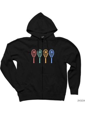 Tennis Racket Siyah Fermuarlı Kapşonlu Sweatshirt