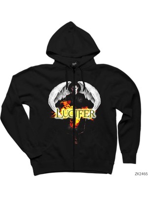 Lucifer Double Face Siyah Fermuarlı Kapşonlu Sweatshirt
