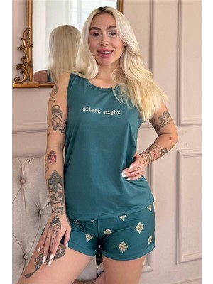 Pijama Evi Zümrüt Silent  Desenli Sıfır Kol Şortlu Örme Kadın Pijama Takımı