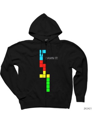 Tetris Damn It Siyah Fermuarlı Kapşonlu Sweatshirt