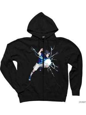 Naruto Uchia Sasuke Siyah Fermuarlı Kapşonlu Sweatshirt