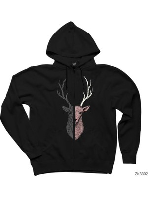 Geyik Çizim Siyah Fermuarlı Kapşonlu Sweatshirt