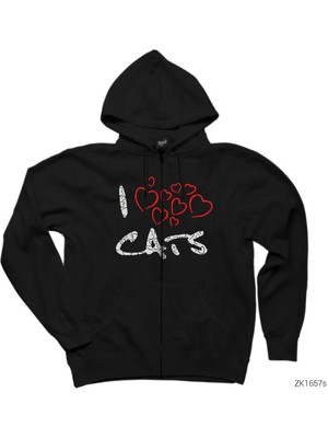 Kedi I Love Cats Siyah Fermuarlı Kapşonlu Sweatshirt