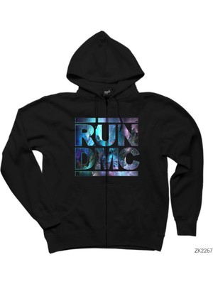 Run Dmc Logo Siyah Fermuarlı Kapşonlu Sweatshirt