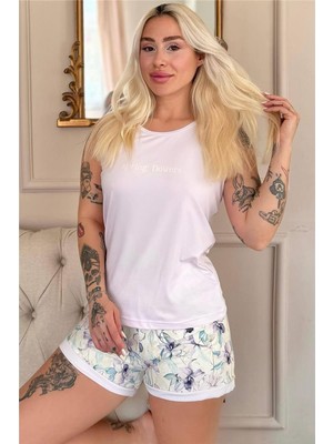 Pijama Evi Lila Spring Flowers Desenli Sıfır Kol Şortlu Örme Kadın Pijama Takımı