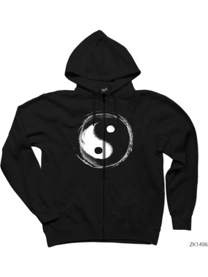 Ying Yang Splash Siyah Fermuarlı Kapşonlu Sweatshirt