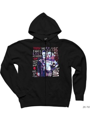Suicide Squad Joker And Harley Typography Siyah Fermuarlı Kapşonlu Sweatshirt