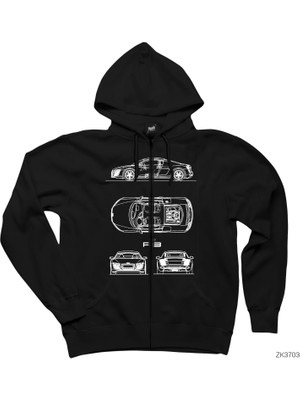 Audi R8 Blueprint Siyah Fermuarlı Kapşonlu Sweatshirt