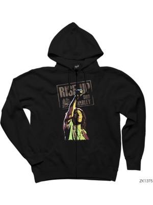 Bob Marley Rise Up Siyah Fermuarlı Kapşonlu Sweatshirt