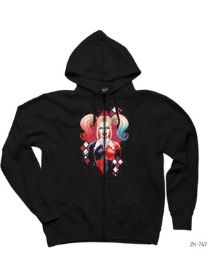 Suicide Squad Harley Quinn Cartoon Siyah Fermuarlı Kapşonlu Sweatshirt