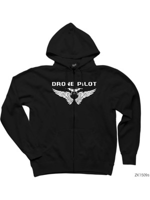 Drone Pilot 3 Siyah Fermuarlı Kapşonlu Sweatshirt