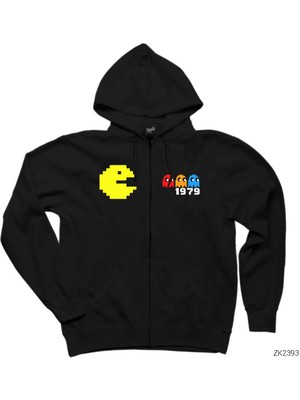 Pac Man Pixel Siyah Fermuarlı Kapşonlu Sweatshirt