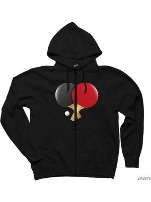 Masa Tenisi Raketleri Siyah Fermuarlı Kapşonlu Sweatshirt