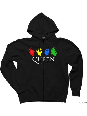 Queen Colored Siyah Fermuarlı Kapşonlu Sweatshirt