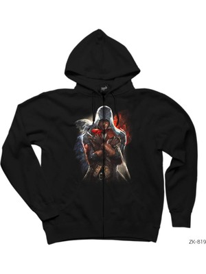 Assassins Creed We Will Unite Siyah Fermuarlı Kapşonlu Sweatshirt
