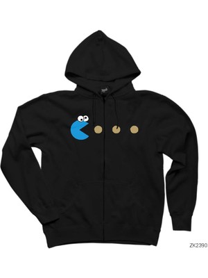 Pac Man Blue Siyah Fermuarlı Kapşonlu Sweatshirt