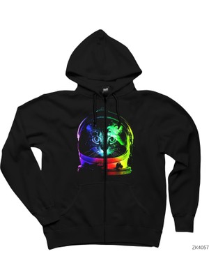 Kedi Galaksi Siyah Fermuarlı Kapşonlu Sweatshirt