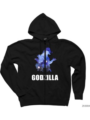 Godzilla In City Siyah Fermuarlı Kapşonlu Sweatshirt