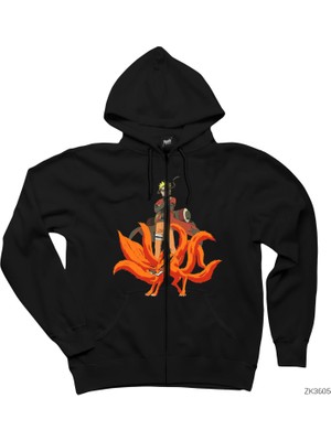 Naruto Kyubie Siyah Fermuarlı Kapşonlu Sweatshirt