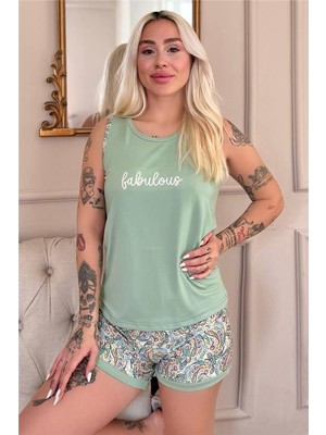 Mint Fabulous Desenli Sıfır Kol Şortlu Örme Kadın Pijama Takımı