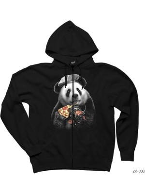 Panda Pizza Siyah Fermuarlı Kapşonlu Sweatshirt