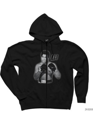 Muhammed Ali Poster Siyah Fermuarlı Kapşonlu Sweatshirt