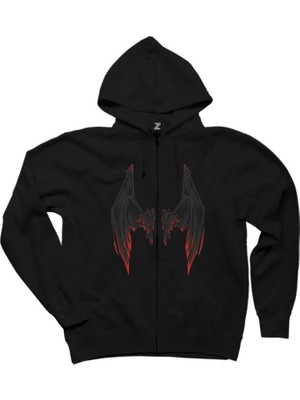 Lucifer Black Wing Siyah Fermuarlı Kapşonlu Sweatshirt