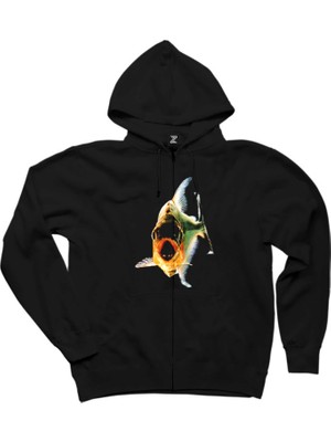 Pirana Balık Siyah Fermuarlı Kapşonlu Sweatshirt