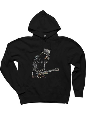 Slash Siluet Guitar Siyah Fermuarlı Kapşonlu Sweatshirt