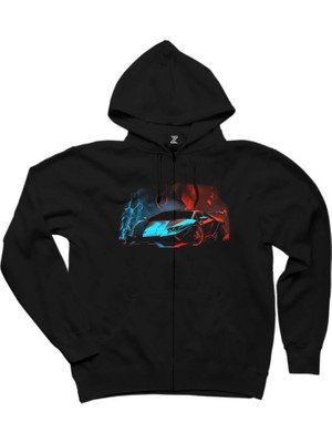 Lamborghini Blue Red Neon Siyah Fermuarlı Kapşonlu Sweatshirt