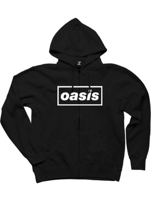Oasis Text Siyah Fermuarlı Kapşonlu Sweatshirt