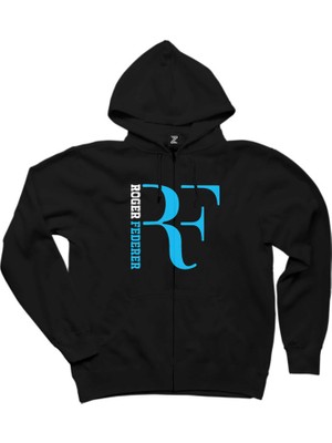 Roger Federer Blue Logo Siyah Fermuarlı Kapşonlu Sweatshirt