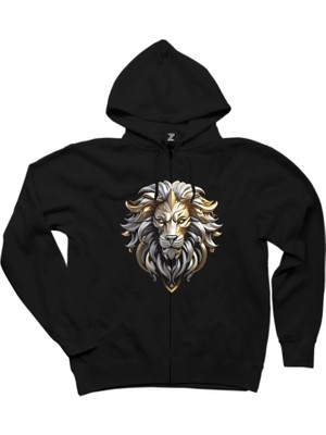 Silver And Gold Lion Siyah Fermuarlı Kapşonlu Sweatshirt