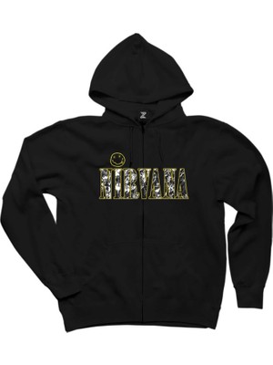 Nirvana Logo ve Yazı Siyah Fermuarlı Kapşonlu Sweatshirt