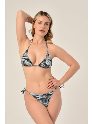 Aquaviva Kadın Yeşil Yaprak Desen Üçgen Slip Büzgülü Brazılıan Bikini Takımı