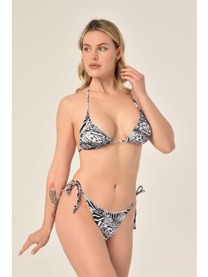 Aquaviva Kadın Siyah Beyaz Leopar  Desen Üçgen Slip Büzgülü Brazılıan Bikini Takımı