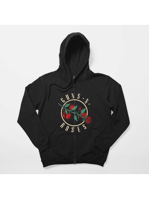 Guns N Roses Flower Siyah Fermuarlı Kapşonlu Sweatshirt
