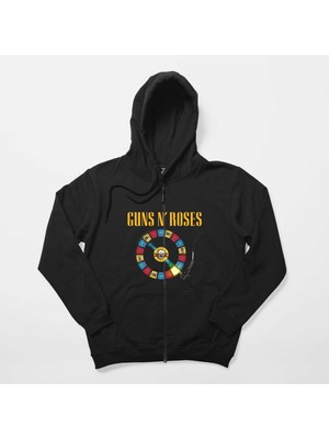 Guns N Roses Plak Siyah Fermuarlı Kapşonlu Sweatshirt