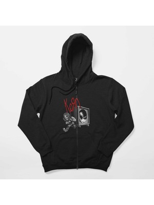 Korn Skeleton Pulling Haporlor Siyah Fermuarlı Kapşonlu Sweatshirt