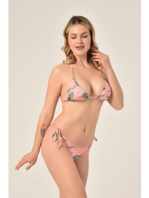 Aquaviva Kadın Tropikal Desen Üçgen Slip Büzgülü Brezılıan Bikini Takımı