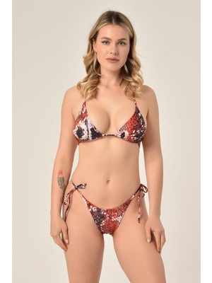 Aquaviva Kadın Siyah Kiremit Yılan Desen Üçgen Slip Büzgülü Brazılıan Bikini Takımı