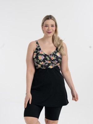 AQUAVİVA Aquaviva Kadın Siyah Leylak Desen Büyük Beden Kruvaze Taytlı Toparlayıcı Elbise Mayo Modeli