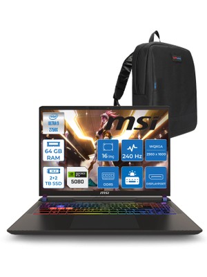 MSI Vector 16 Hx Aı WA2XWIG-090XTR Ultra 9 275HX Aı 64 GB GB 2tb Ssd+2tb SSD 16 GB/RTX5080 Gddr7 175W 16" Qhd+ (2560X1600) 240HZ Freedos Taşınabilir Bilgisayar WA2XWIG090XTRF30+ZETTAÇANTA