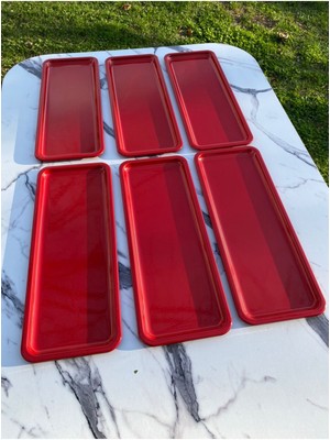 6'lı Baton Kırmızı Metal Tek Kişilik Dekoratif Mum, Çay, Kahve ve Pasta Servisi Sunum Tepsisi