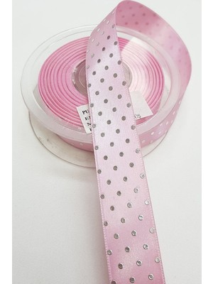 Pembe Puantiye Baskılı Saten Kurdele 2,5Cm