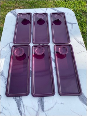 2 Model 6'lı Mor Baton Tepsi ve 6'lı Mor Makaronluk, Kahve ve Pasta Servisi Sunum Tepsisi