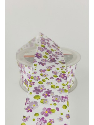 Mor Çiçek Desenli Grogren Kurdele 4 cm 20 mt
